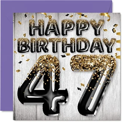 Afbeelding van Verjaardagskaart voor mannen 47 jaar, zwarte gouden glitterballonnen, verjaardagskaarten vader, neef, vriend, broer, oom, 145 mm x