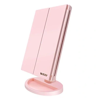 Afbeelding van WEILY 1x/2x/3x vergrotende make upspiegel met 36 LED lampjes, touchscreen en USB opladen, 180 graden verstelbare steun op het aanrecht (roze)