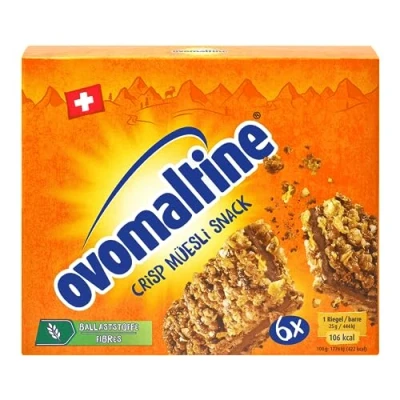 Afbeelding van Ovomaltine Crisp Crunchy chocolade mueslirepen met crème, fijn cacaopoeder, duurzaam en gecertificeerd, 6 x 25 g