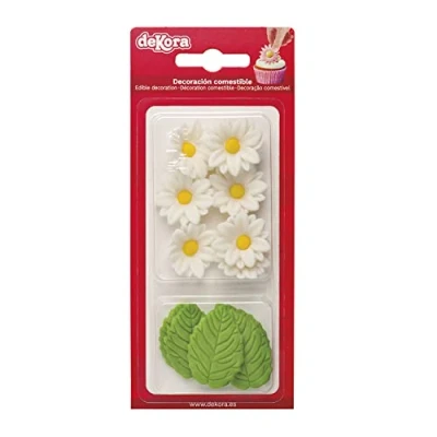 Afbeelding van eetbare suikertaartbloemen, doos met 7 witte madeliefjes en 5 groene bladeren, suikerbloemen, verjaardagstaartdecoratie
