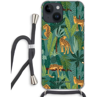 Afbeelding van Case Company® hoesje met Koord geschikt voor iPhone 14 Luipaard 2 Telefoonhoesje Zwart Extra Bescherming aan alle Kanten en Over de Schermrand