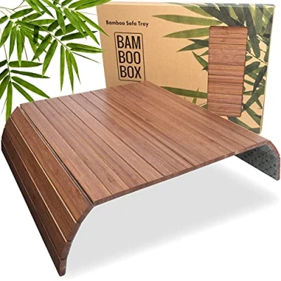 Afbeelding van BAM BOO BOX Sofatablet Bank dienblad van bamboe armleuningen flexibel armleuningbeschermer bekerhouder sofa in donkerbruin