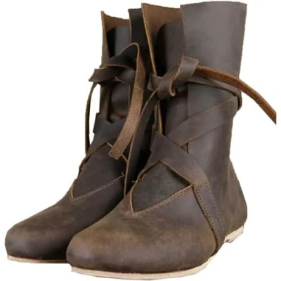Afbeelding van DJFOG middeleeuwse ridderlaarzen van PU leer, renaissance cosplay laarzen voor heren en dames, vintage met platte bodem, veterschoenen, bruin