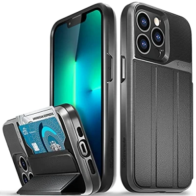Afbeelding van VENA vCommute Beschermhoes voor Apple iPhone 13 Pro (6,1 inch), (militaire kwaliteit, kaartvakken), lederen portemonneehoesje met standaard grijs
