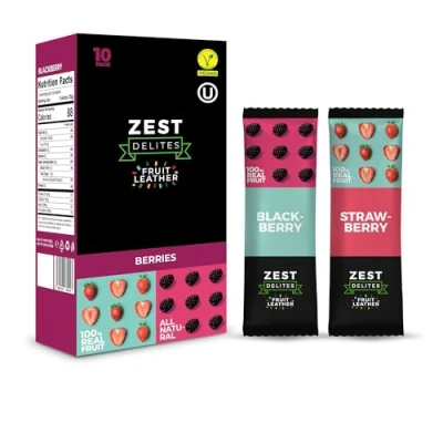 Image de Zest Delites Fruits Secs, Pate de Fruit Sans Gluten, Bonbons Aux Végétaliens, Roll Ups Goût Végétalien À 2 Saveurs, Collation Saine Baies Et Fraises, 10x25g