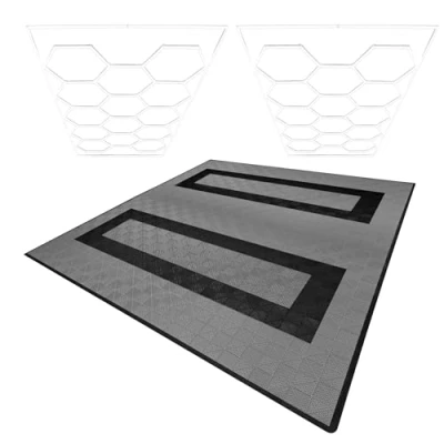 Afbeelding van Modulaire Geventileerde Vloer 165 Grijs &amp; 60 Zwart met Randen en Hexagon LED verlichting 28 Witte Lampen 6500K 3 Montageopties Inclusief Ophangset Garagevloer 6m x