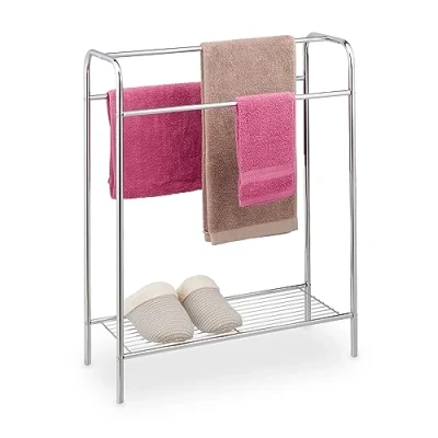 Afbeelding van Relaxdays handdoekenrek zilver met plank vrijstaand 3 stangen handdoekhouder staal