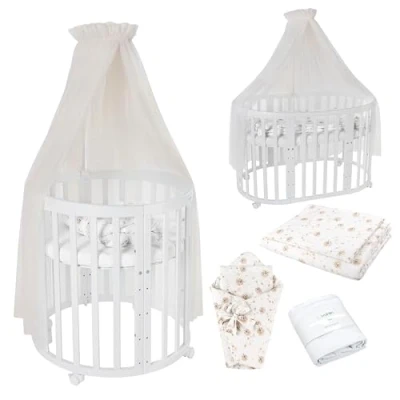 Afbeelding van Waldin OWAL Baby Bed 7in1, Lit à Barreaux avec Matelas, Commode Langer, Évolutif Bébé Ovale Matelas et Roulettes, Bois Blanc, Tissus Pissenlit Champagne