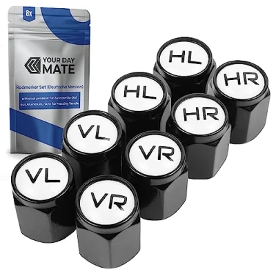 Afbeelding van Aluminium ventieldop, 8 stuks, zwart gemarkeerd met afdichting voor autoventielen, motorfiets, scooter, aanhanger en fiets, autobandenmarkering, autoventieldop markering