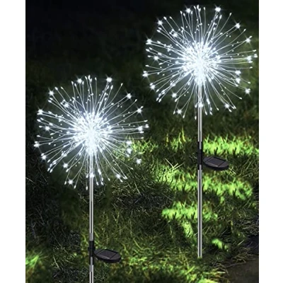 Afbeelding van Joysing Set van 2 tuinverlichting op zonne energie voor buiten, 120 leds, vuurwerk, 8 modi, paardenbloem, waterdicht, tuin, balkon, terras, koud wit