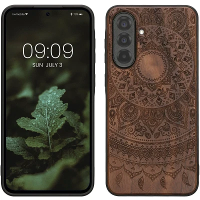 Afbeelding van kwmobile telefoonhoesje geschikt voorSamsung Galaxy A36 5G Hoesje met bumper hout In donkerbruin Indian Sun design