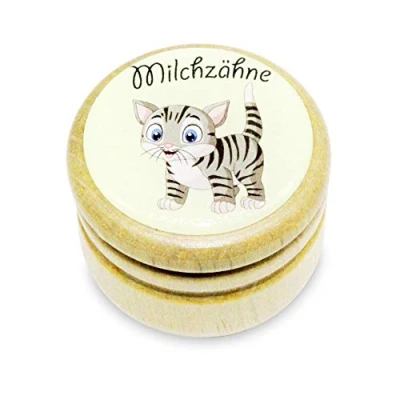Afbeelding van Melktanddoos, tanddoos melktanden fotodoos met diverse motieven van hout voor jongens en meisjes draaisluiting 44 mm (kat)