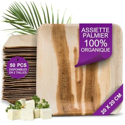 Afbeelding van Waipur Palmboom Bio 50 vierkante borden 20 x cm hoogwaardig wegwerpservies stabiel, natuurlijk en composteerbaar wegwerpborden voor feestjes