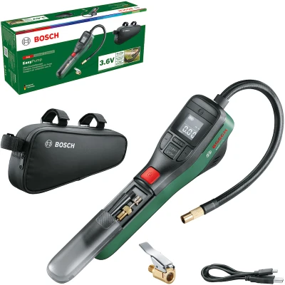 Afbeelding van Bosch EasyPump Draagbare bandenpomp Inclusief balnaald, Presta klep volube adapter USB oplaadkabel Katoenen tas Bandenpompnippel Fietsopbergtas