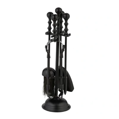 Afbeelding van Relaxdays haardset 5 delig pook, schep &amp; bezem haardstel ronde houder barokstijl