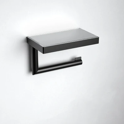 Afbeelding van KEUCO Toiletpapierhouder van metaal, zwart mat gepoedercoat, lijm of boren, plank, anti slip inzetstuk, wc rolhouder voor badkamer en gastentoilet, Reva Black Selection