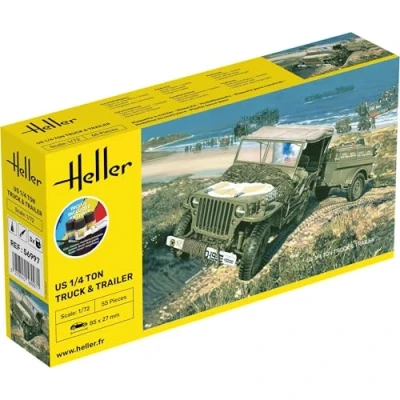 Afbeelding van 1:72 Heller 56997 US 1/4 Ton Truck Trailer Starter Kit Plastic Modelbouwpakket