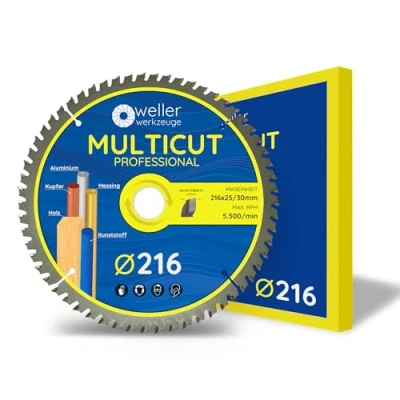 Afbeelding van WELLERWERKZEUGE Multicut professioneel cirkelzaagblad, 216 x 30 mm + 25 mm, 60 tanden, voor hout, kunststof, aluminium, geschikt accucirkelzagen, tafelzaag zoals Bosch