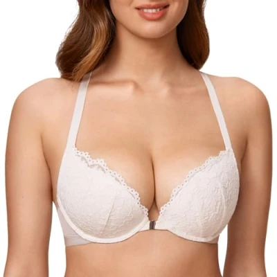 Afbeelding van DOBREVA Damesbeha, push up, racerback, sluiting aan de voorkant, kant, bekleding met beugel, Coco wit