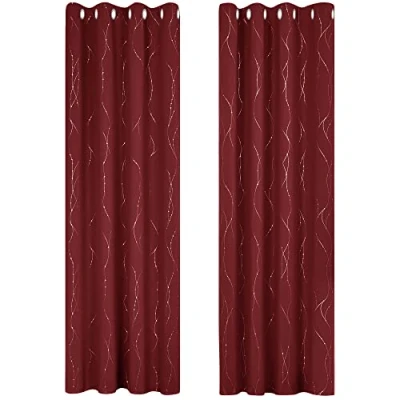 Afbeelding van Deconovo Warmte isolerende gordijnen, tegen de kou, met ringen, ondoorzichtig, decoratief, voor raam, slaapkamer, keuken, woonkamer, zilverpatroon, 140 x 240 cm, donkerrood, set van 2