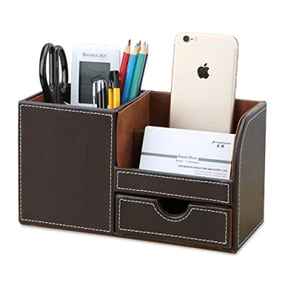 Afbeelding van KINGFOM Bureau Organizer Opbergsysteem 4 opslagcompartimenten PU Leer Pennenbox Pennenkoker Kantoorbenodigdheden (Brown)