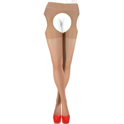 Afbeelding van Sesto Senso Panty met bandjes, open kruis, kanten kousenband riem, 15 denier