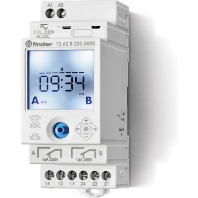 Afbeelding van Finder 12.62.8.230.0000 Schakelklok voor DIN rails 230 V/DC, V/AC 2x wisselcontact 16 A 250 Weekprogramma