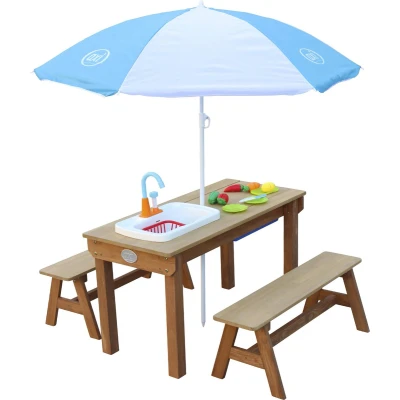 Afbeelding van AXI Dennis Zand &amp; Water Picknicktafel met Speelkeuken wastafel en losse bankjes Bruin Parasol B...