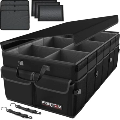 Afbeelding van FORTEM Auto Organizer, Kofferbak Achterbak Opvouwbare Organizer met Compartimenten, Antislip Bodem, Verstelbare Bevestigingsriempjes, Opvouwbaar Deksel (Zwart, X Large)