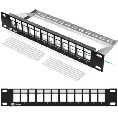 Afbeelding van HB DIGITAL Modulair patchpaneel met 12 poorten voor keystone modules, afgeschermd, zwart, 10 inch servermontage, 1HE CAT5 CAT6 CAT7 LAN Professional TIA568A TIA568B aardingskabel