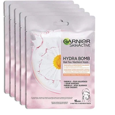 Afbeelding van Garnier SkinActive Hydra Bomb Super hydraterend en rustgevend stoffen masker voor droge gevoelige huid, kamille, 5 stuks
