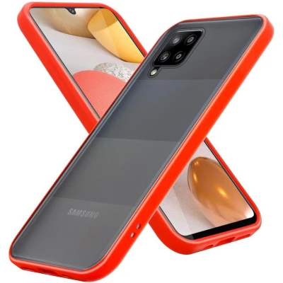 Afbeelding van Cadorabo Hoesje geschikt voor Samsung Galaxy A42 5G / M42 in Mat Rood Zwarte Knopen Hybride beschermhoes met TPU siliconen Case Cover binnenkant en matte plastic achterkant