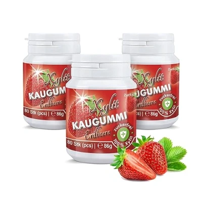 Afbeelding van Xylitquelle 3 x 80 stuks aardbeienkauwgom, 100% xylitol voor een aangename adem, suikervrij, veganistisch, aspartaamvrij, 240 kauwgom