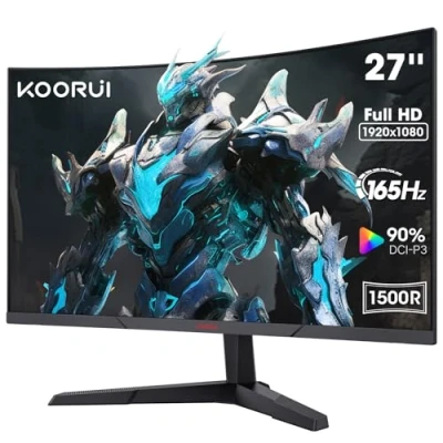 Afbeelding van KOORUI Gebogen gaming PC monitor 27 inch, 1800R, VA paneel, FHD resolutie (1080P), 144/165Hz, DCI P3 90%, ultradunne rand, verstelbare helling, ondersteunt HDMI/DP