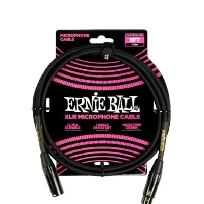 Afbeelding van Ernie Ball 5&#039; gevlochten mannelijk vrouwelijk XLR microfoonkabel zwart