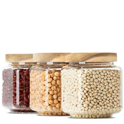 Afbeelding van Econovo® Set van 3 vierkante voorraadpotten mondgeblazen borosilicaatglas, stapelbaar, luchtdicht, 600 ml, voor levensmiddelen, groot en klein