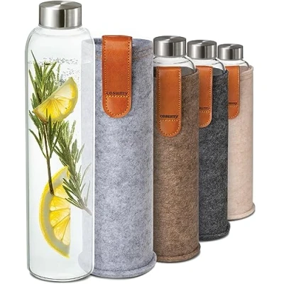 Afbeelding van Cosumy Glazen drinkfles met vilten hoes, 750 ml, vaatwasmachinebestendig, waterdicht, BPA vrij, geschikt voor koolzuurhoudende dranken (beige)