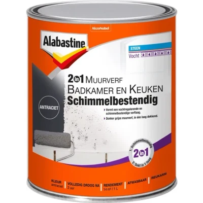 Afbeelding van Alabastine 2in1 Muurverf Badkamer en Keuken Schimmelbestendig Antraciet voor badkamers