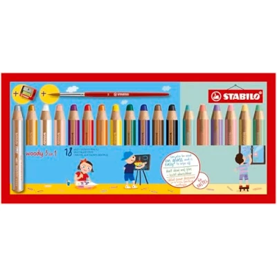 Afbeelding van Stabilo Woody 3in1 Kleurpotlood, Etui Van 18 Stuks In Geassorteerde Kleuren + Slijper Penseel Kleurpotlood