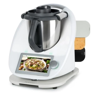 Afbeelding van PUERSI Schuifplank voor Thermomix TM6/TM5, 2e generatie, met wielen, van soepel glijdend bamboe, sneeuwwit