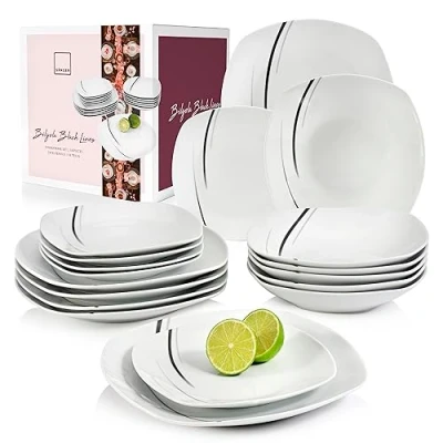 Afbeelding van Sänger Bilgola Black Lines Tafelservies, 18 delige serviesset voor 6 personen van porselein, eet , dessertborden en schalen, uitbreidbaar, dagelijks gebruik, speciale diner, outdoor bordenset