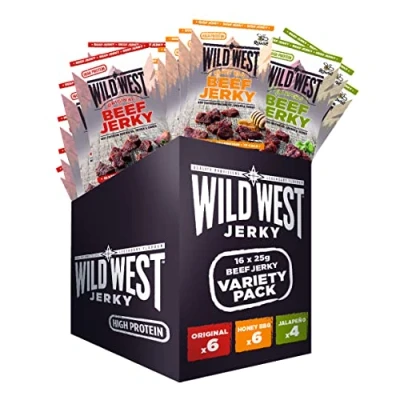 Afbeelding van Wild West Beef Jerky, Mix Box 25 g, 16 stuks met 6 x honinggrill, 4 jalapeno, gedroogd rundvlees, Jerky High Protein rundvlees