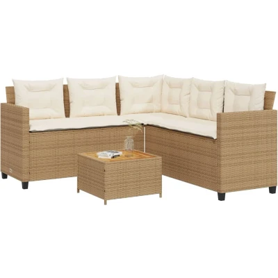 Afbeelding van Tuinbank met tafel en kussens L vormig poly rattan beige