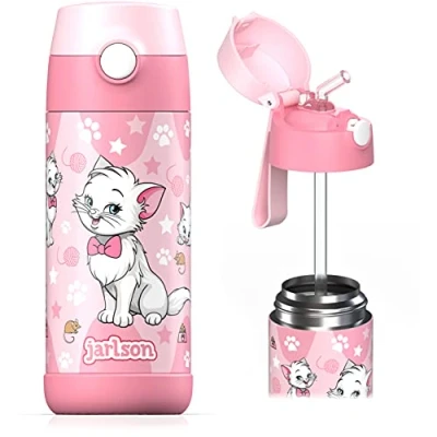 Afbeelding van JARLSON® waterfles voor kinderen, drinkfles met rietje kind, BPA vrij thermosfles gemaakt van dubbelwandig roestvrij staal, lekvrij, ideaal kleuterschool, school en sport, 350 ml