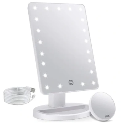 Afbeelding van make upspiegel met LED licht 1X/10X vergroting, verlichte cosmetische tafelspiegel, 180 rotatie, instelbare helderheid draagbare uptafel spiegel