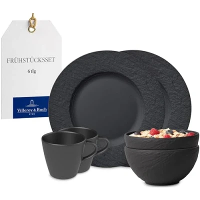 Afbeelding van Villeroy &amp; Boch Manufacture ontbijtset, 6 p., serviesset voor 2 personen, premium porselein, zwart