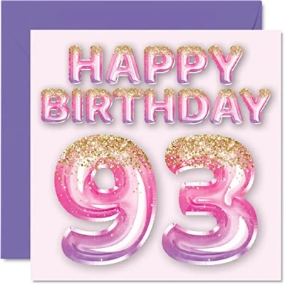 Afbeelding van Verjaardagskaart voor dames, 93 jaar, glitterballonnen, roze en paars, verjaardagskaarten 93e vrouw, oma, 145 mm x mm, kaarten