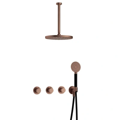 Afbeelding van Hotbath Cobber Regendoucheset IBS70 Geborsteld Koper PVD Ronde handdouche 30cm Hoofddouche Plafondbuis Handouche met wandhouder