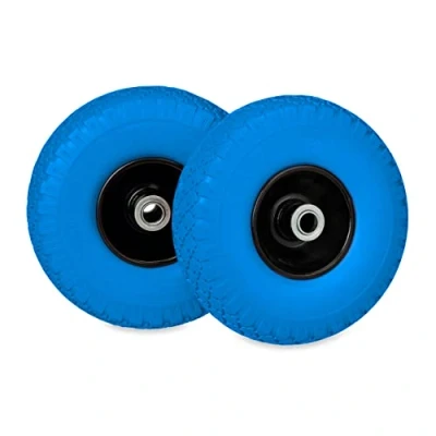 Image de Relaxdays Lot de 2 roues brouette 3.00 4, en caoutchouc PU, jante acier, roue anti crevaison, 100 kg, noir/bleu
