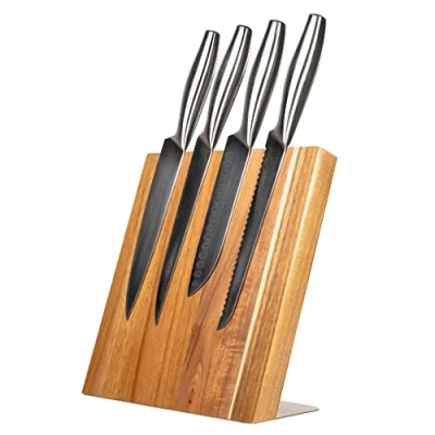 Afbeelding van Groot Houten Messenblok Magnetisch Coninx Quin XL 27.5x27.5CM Messenmagneet zonder messen Messenhouder Antislip RVS Acacia hout.